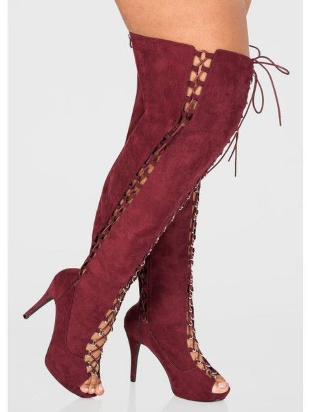 Burgundy Over-the-Knee Lace-Up Suede Boots